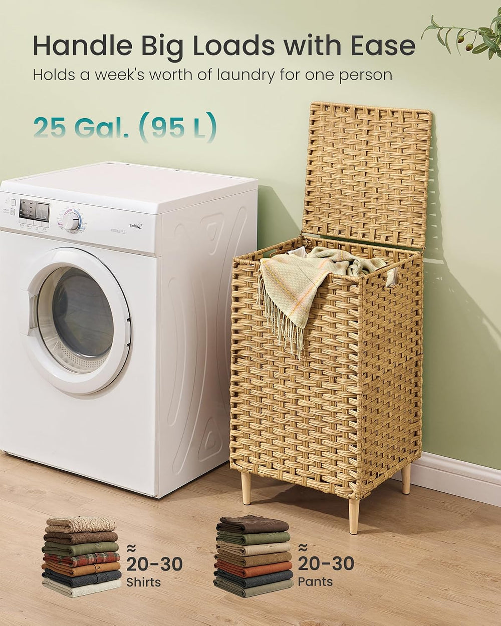 SONGMICS Laundry Hamper with Lid, PE Rattan, 25 Gallons (95 L)