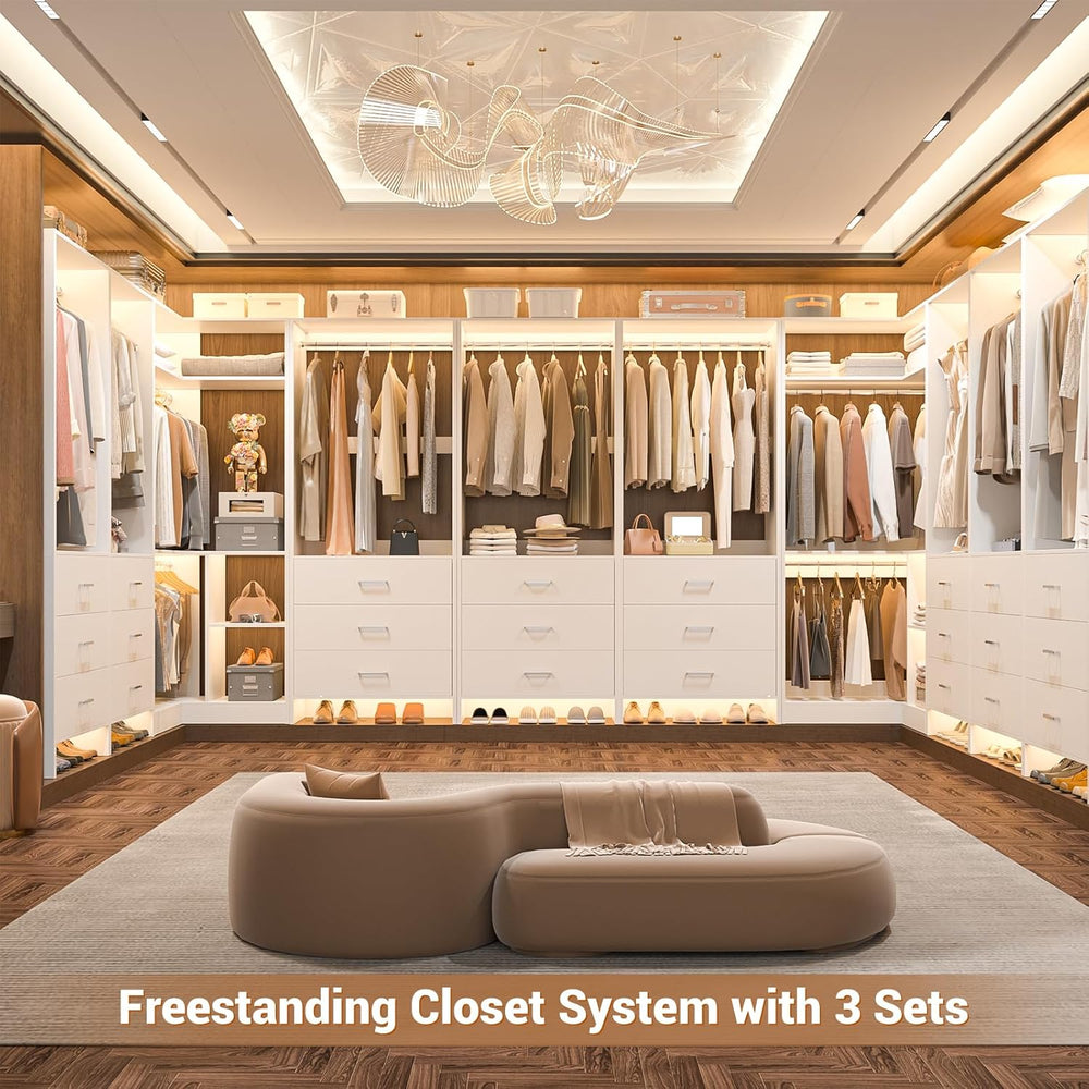 Aheaplus Closet System with 3 Drawers, L-Shaped Closet, Set of 2, White