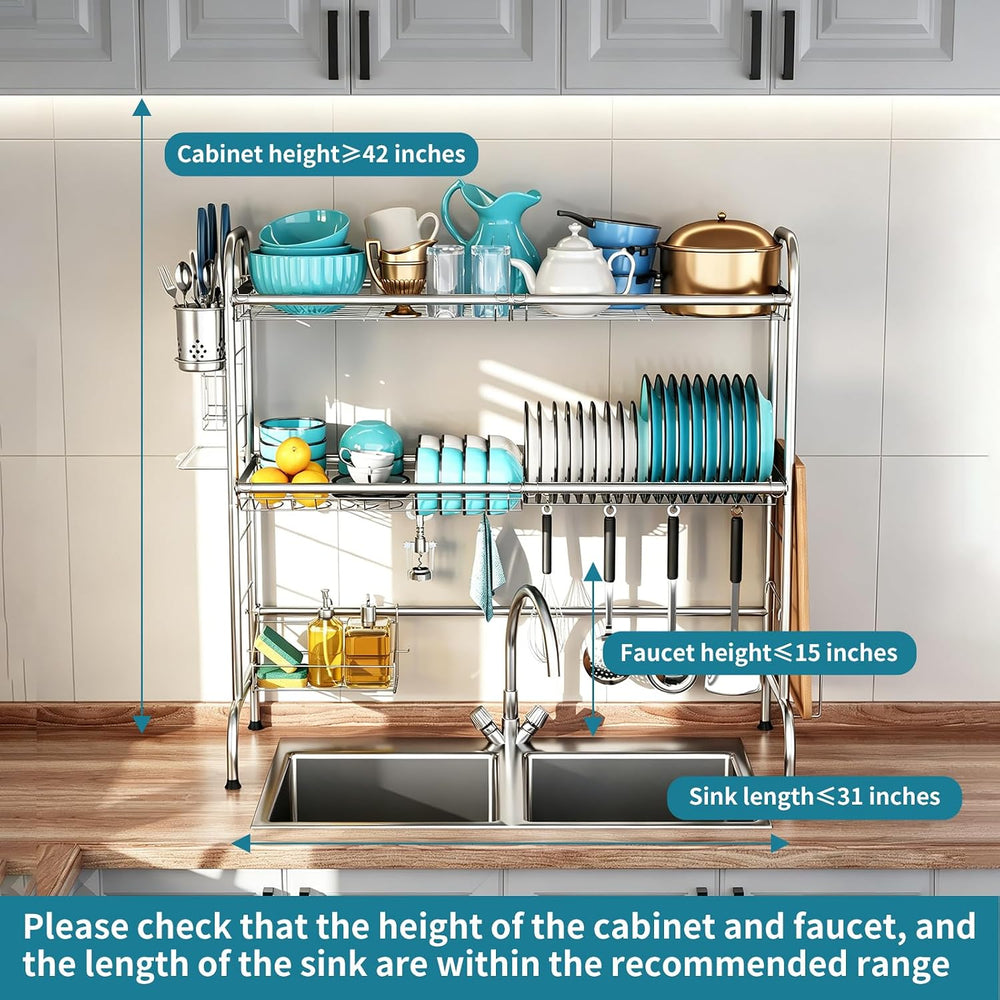HOWDIA Stainless Steel 2-Tier Over The Sink Dish Drying Rack with Utensil Hol...
