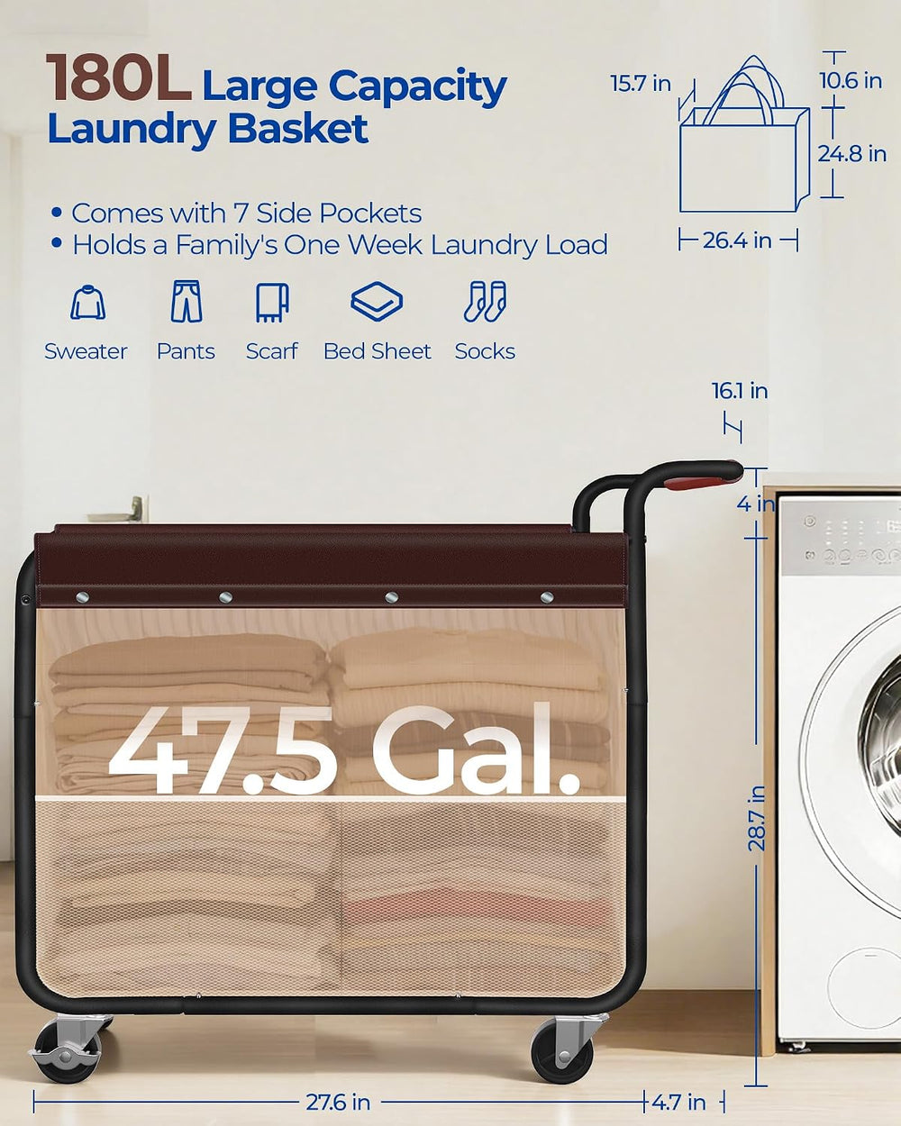 Kayfia 180L Rolling Laundry Hamper, Laundry Basket with Wheels, Black