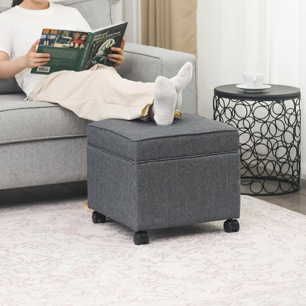 Adeco 17.5" Square Fabric Ottoman with Storage, Upholstered Cotton Linen...