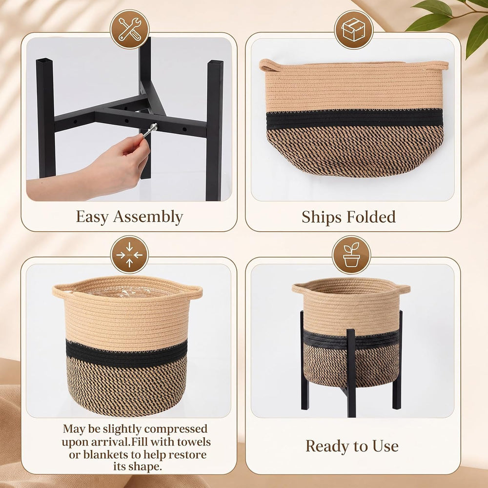 3 Pack Metal Plant Stands with Rope Baskets, Stylish, Boho