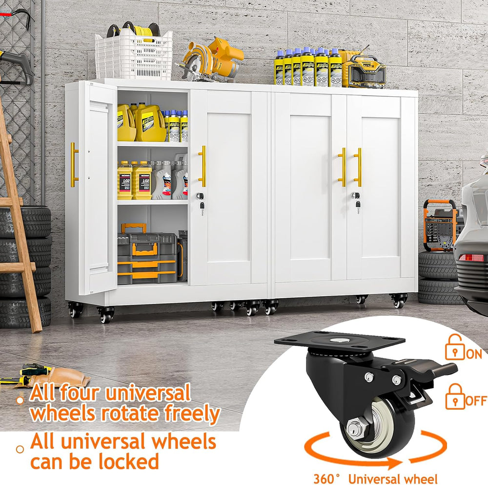 Metal Storage Cabinet with Wheels, 36" Tall Locking Storage White