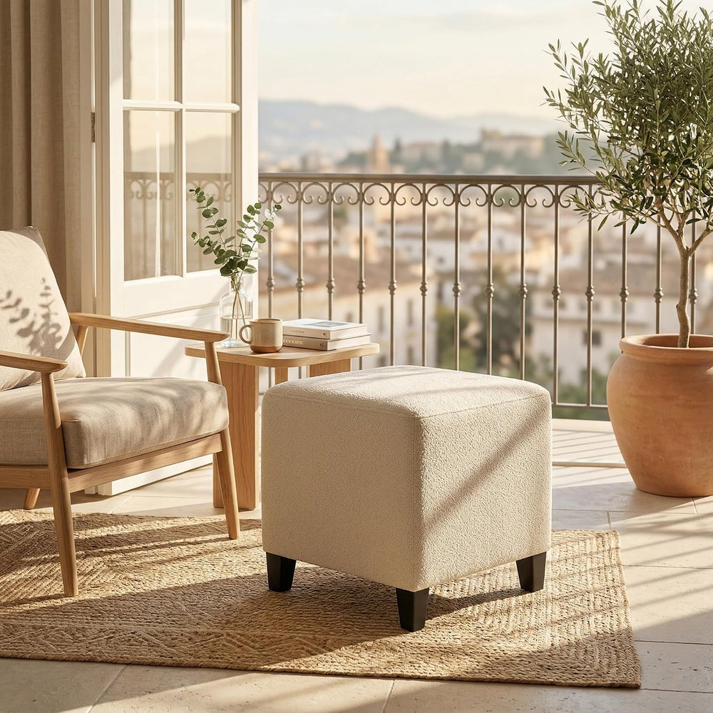 Joveco 16.3" Square Cube Ottoman, Modern Linen Fabric Foot Stool with So...