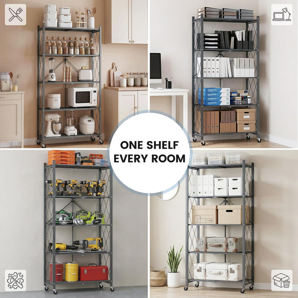 ALANNG 70.7" H Metal Storage Shelves, 5 Tier Folding Shelf on Wheels