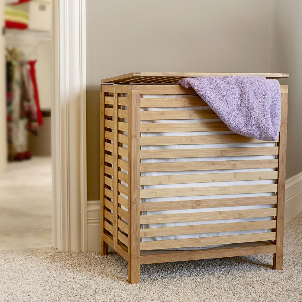 Household Essentials Bamboo Laundry Hamper, Slated Hamper with Natural Cotton...