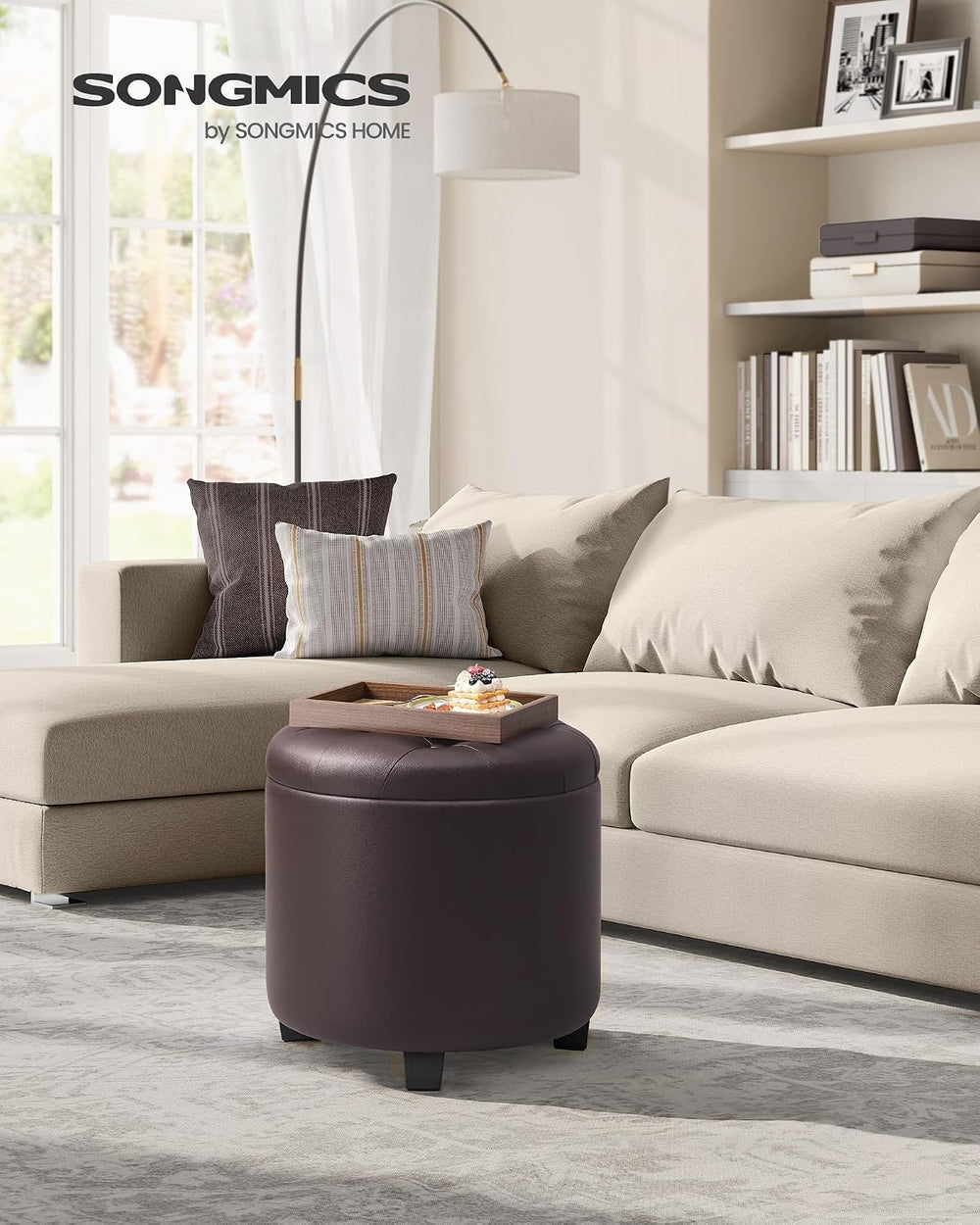 SONGMICS Vanity Stool, Round Ottoman with Storage, PVC Leather