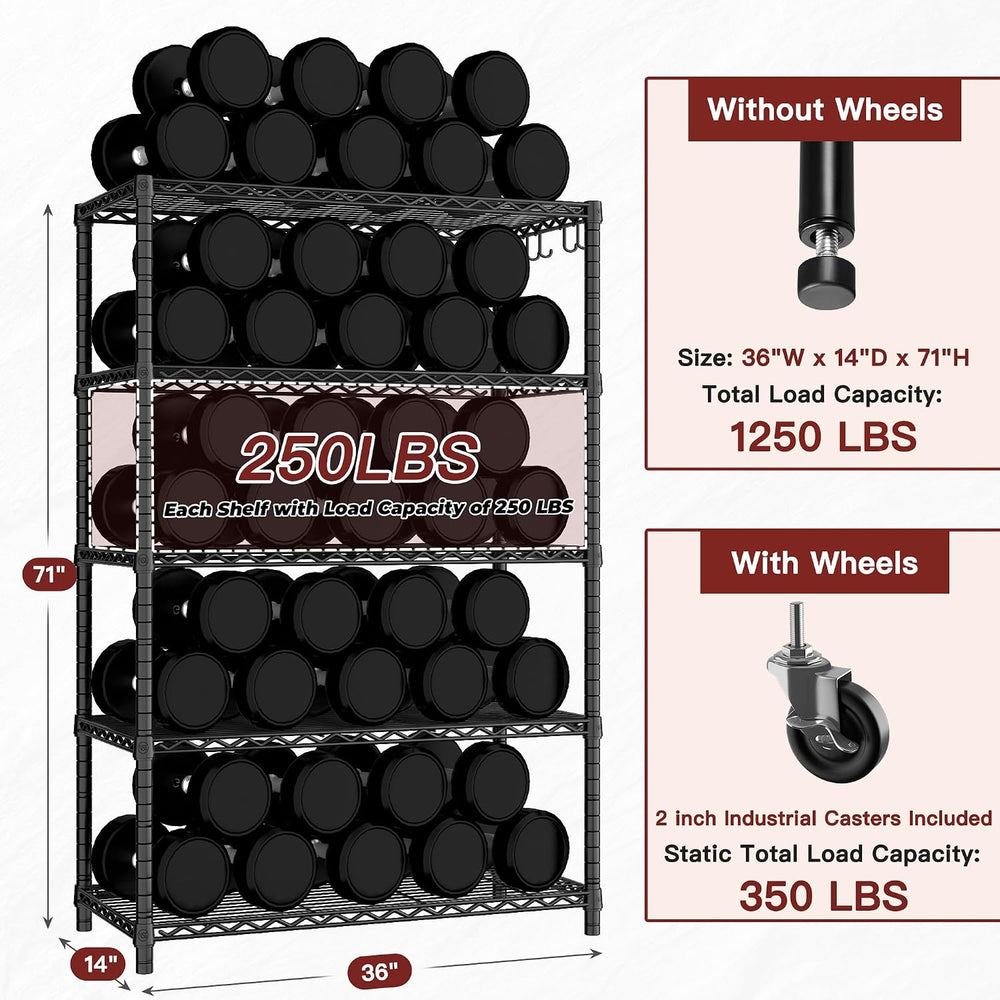 PrimeZone 74" H Wire Shelving 1250lbs 5 Tier Storage Shelves with Wheels