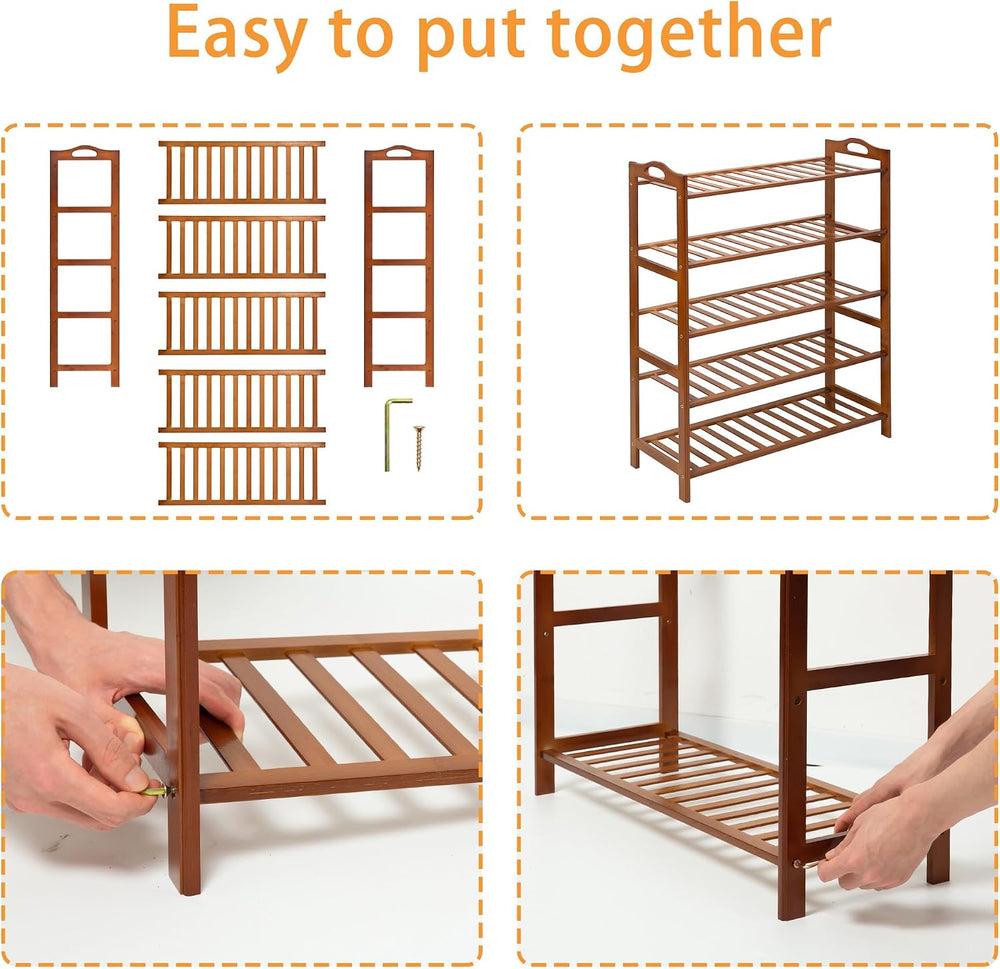 5 Tier Bamboo Shoe Rack, Free Standing Shoes Rack Shoe Shelf Shoe Organizer f...