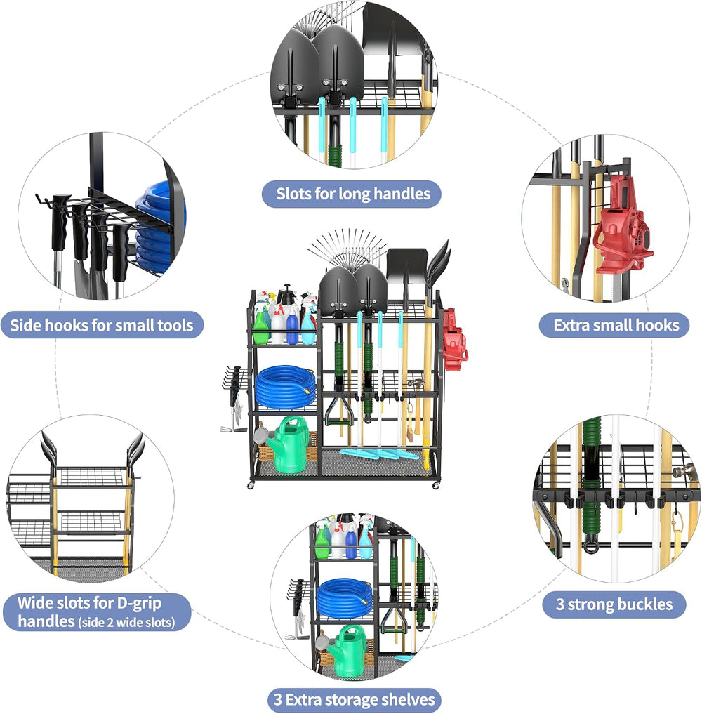 Garden Tool Organizer with Wheels, Rolling Storage Rack for Garage