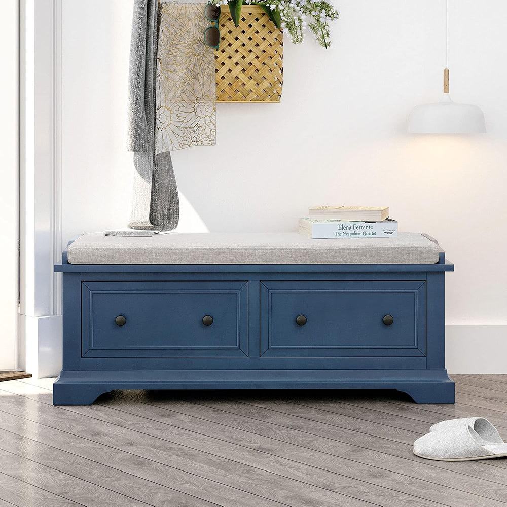 Storage Bench,Solid Wood Shoe Bench with Two Large Drawers and Removable Cush...