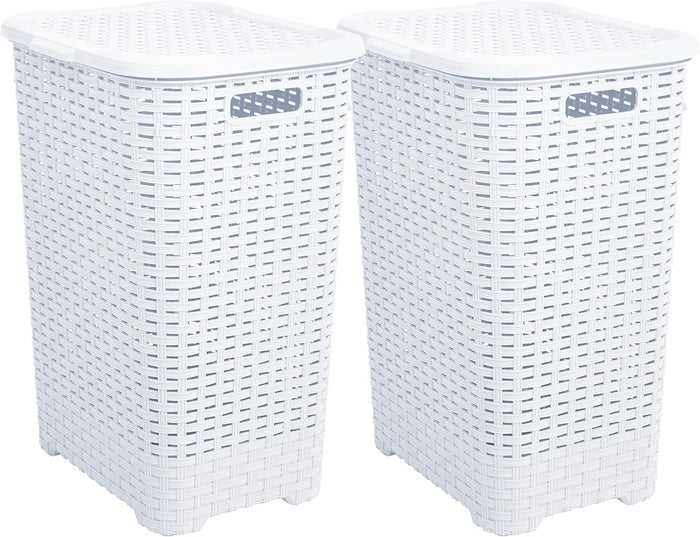 Plastic Laundry Hamper with Lid Laundry Hamper Basket, White 2 Pack Tall Cloths Hamper Organizer with Cut-out Handles. Space Saving for Laundry Room Bedroom Bathroom, Wicker Design 60 Liter