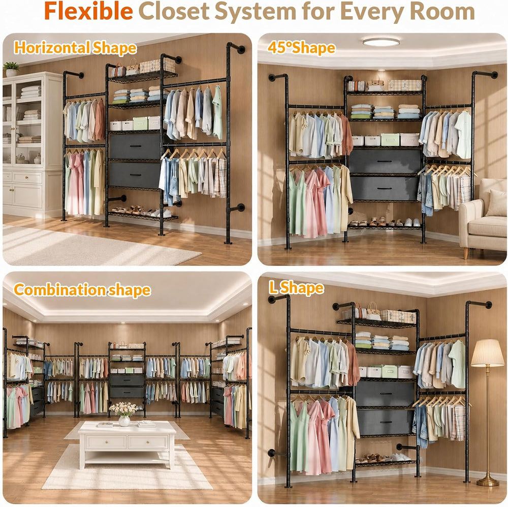 Wall Mounted Clothes Rack with 2 Drawers, 3 Row Expandable Closet