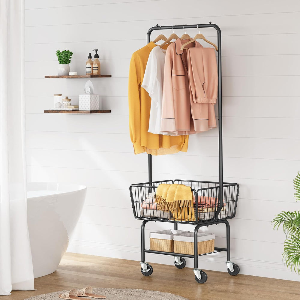 Tajsoon Rolling Laundry Cart with Hanging Rack & Laundry Basket, Black