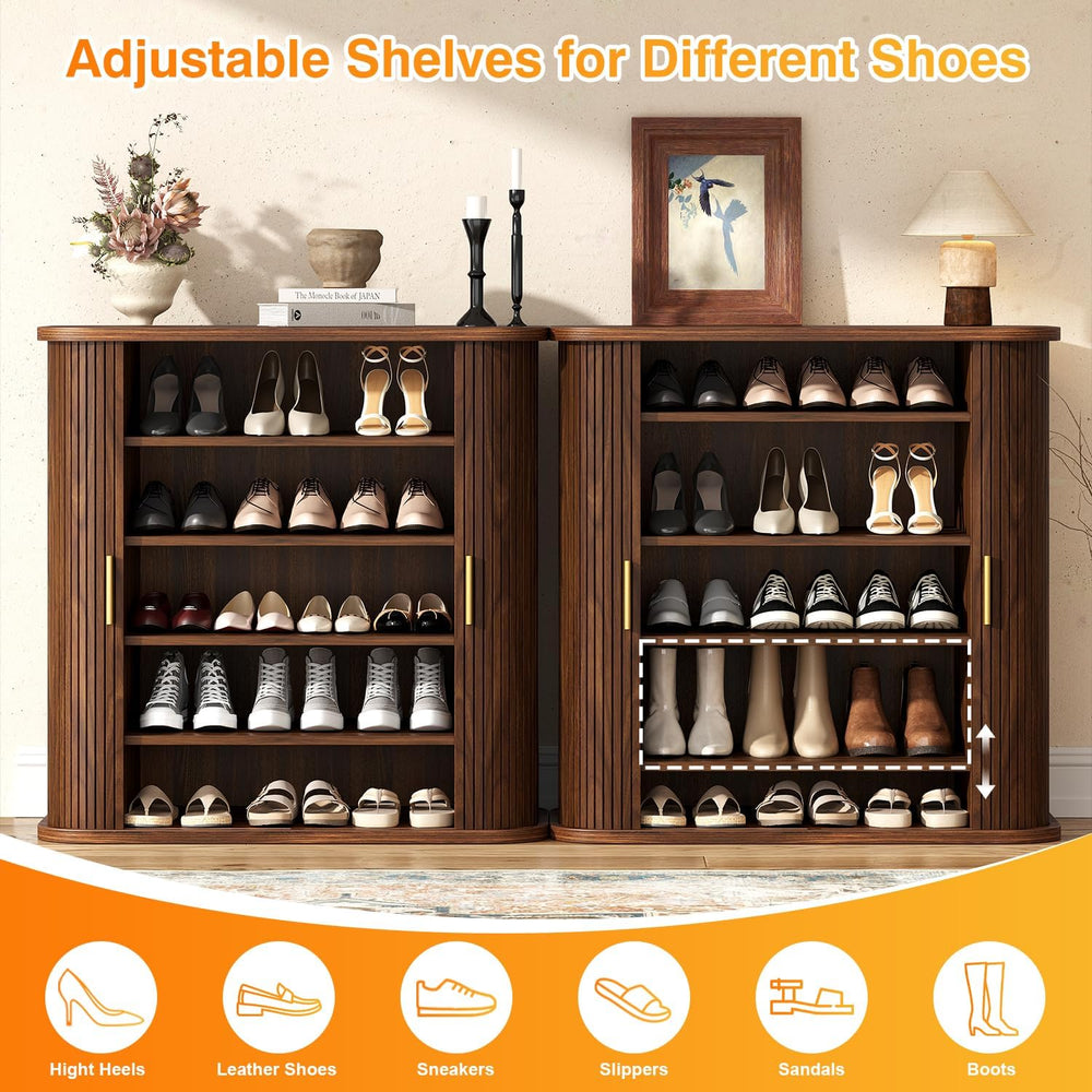 UNIQUITE 5-Tier Sliding Door Shoe Cabinet, Adjustable Shelves Wooden Shoe Sto...