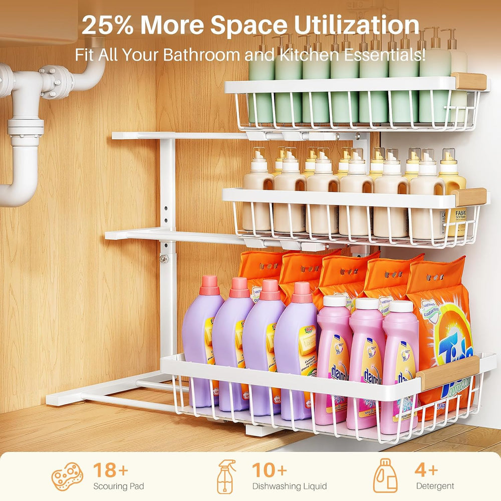 PXRACK Under Sink Organizer, 2-Pack 3-Tier Height Adjustable Thickened Metal ...
