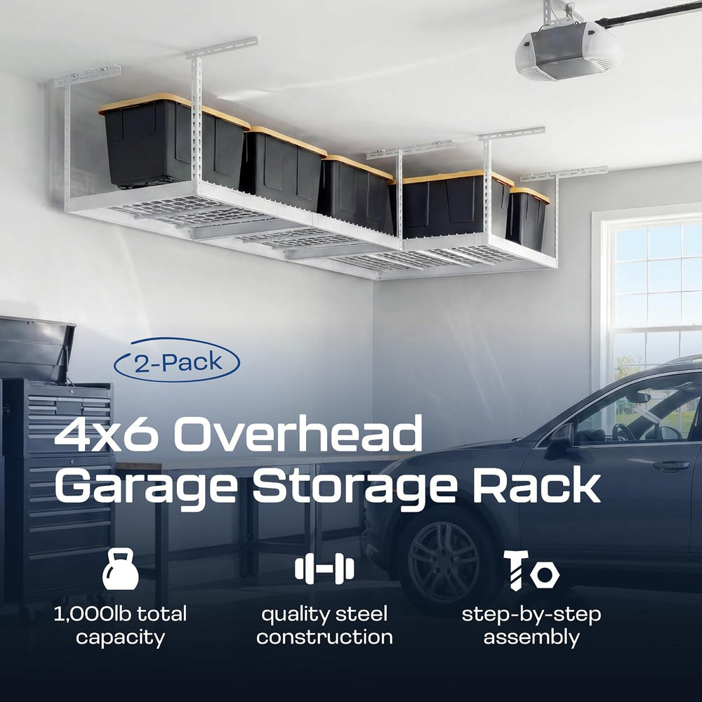 MonsterRax 2-Pack 4x6 Overhead Garage Storage Rack, White, 12"-21" ...
