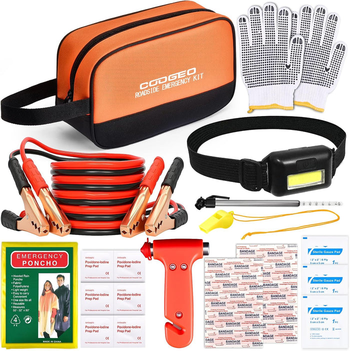 COOGEO Roadside Emergency Car Kit with Jumper Cables, Car Accessories for Men, Assistance Safety Kit Includes Safety Hammer, Headlamp, Gloves, First Aid Kit for Women, Men, Teenagers, Orange