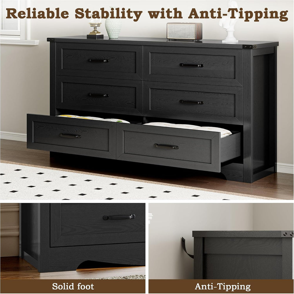 BORNOON 6-Drawer Dresser for Bedroom, Modern Wooden Chest of Drawers with Met...