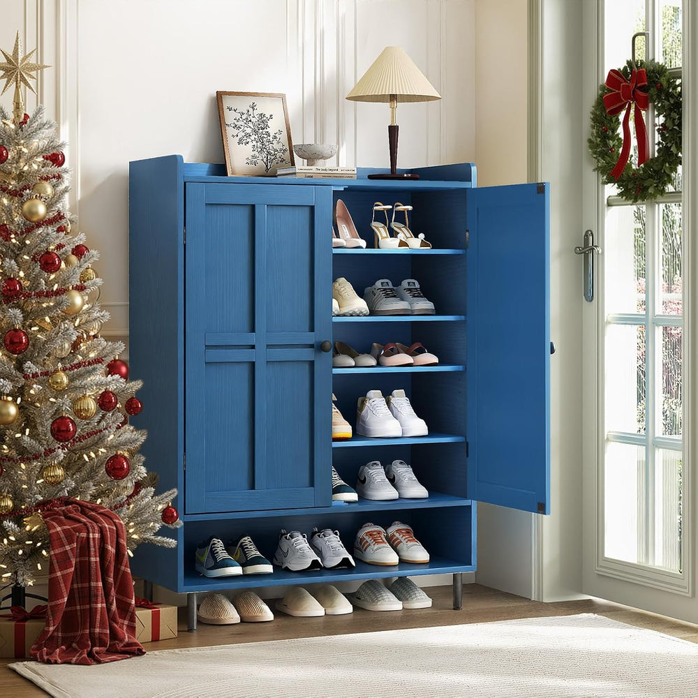 ComfyCorner Shoe Cabinet with Cross Molding Doors, 6-Tier Storage, Blue