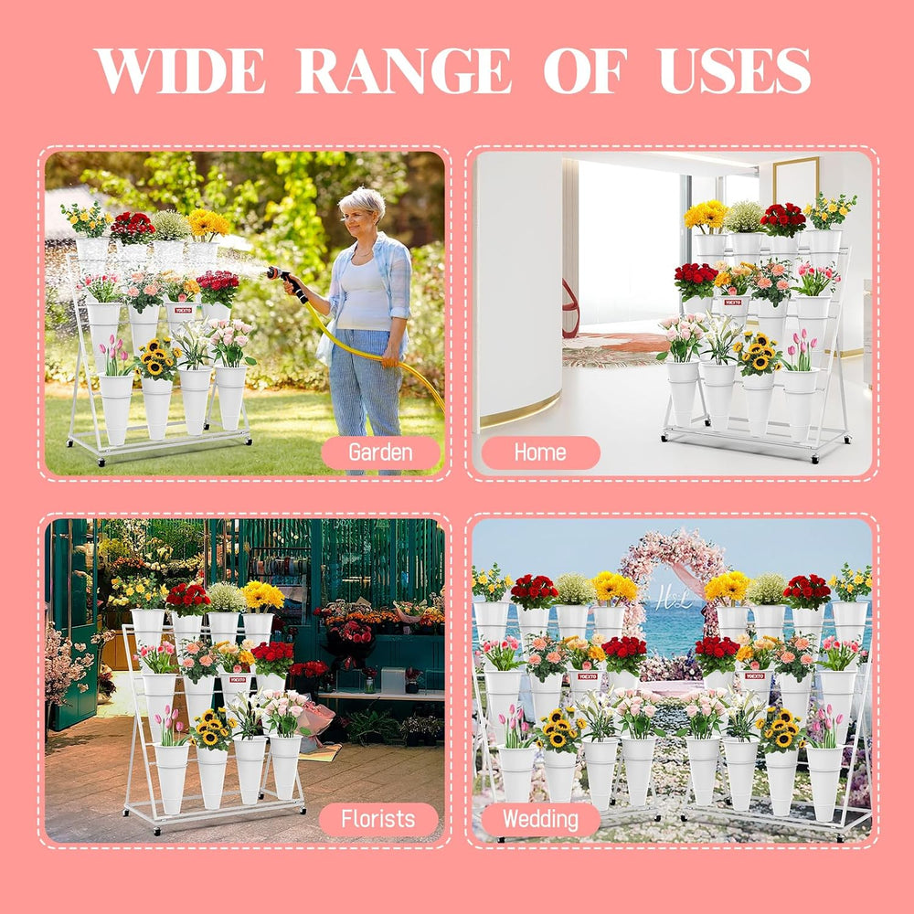 Flower Display Stand with 12 Buckets, 3-Layer Metal Plant Stand with Wheels, ...