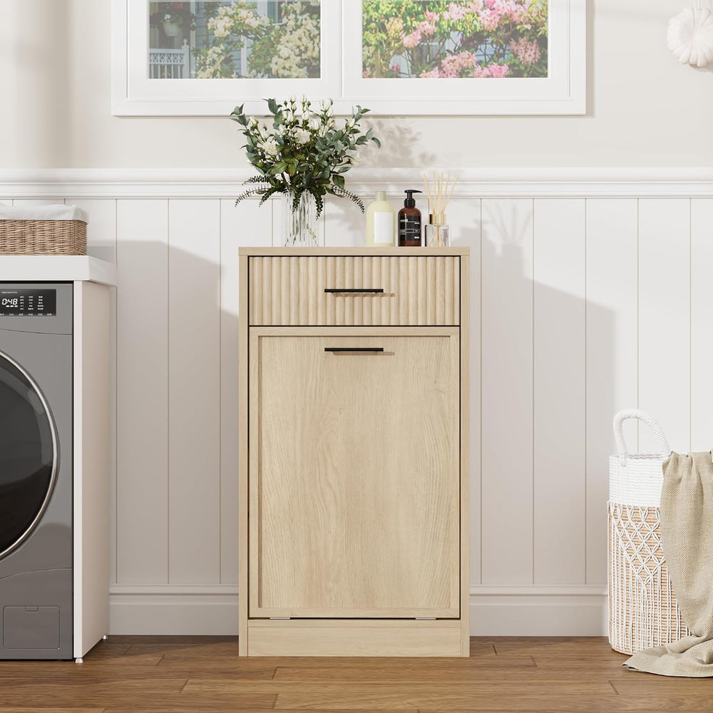 Garvee 10 Gal Single Tilt Out Laundry Hamper Cabinet with Drawer, Natural