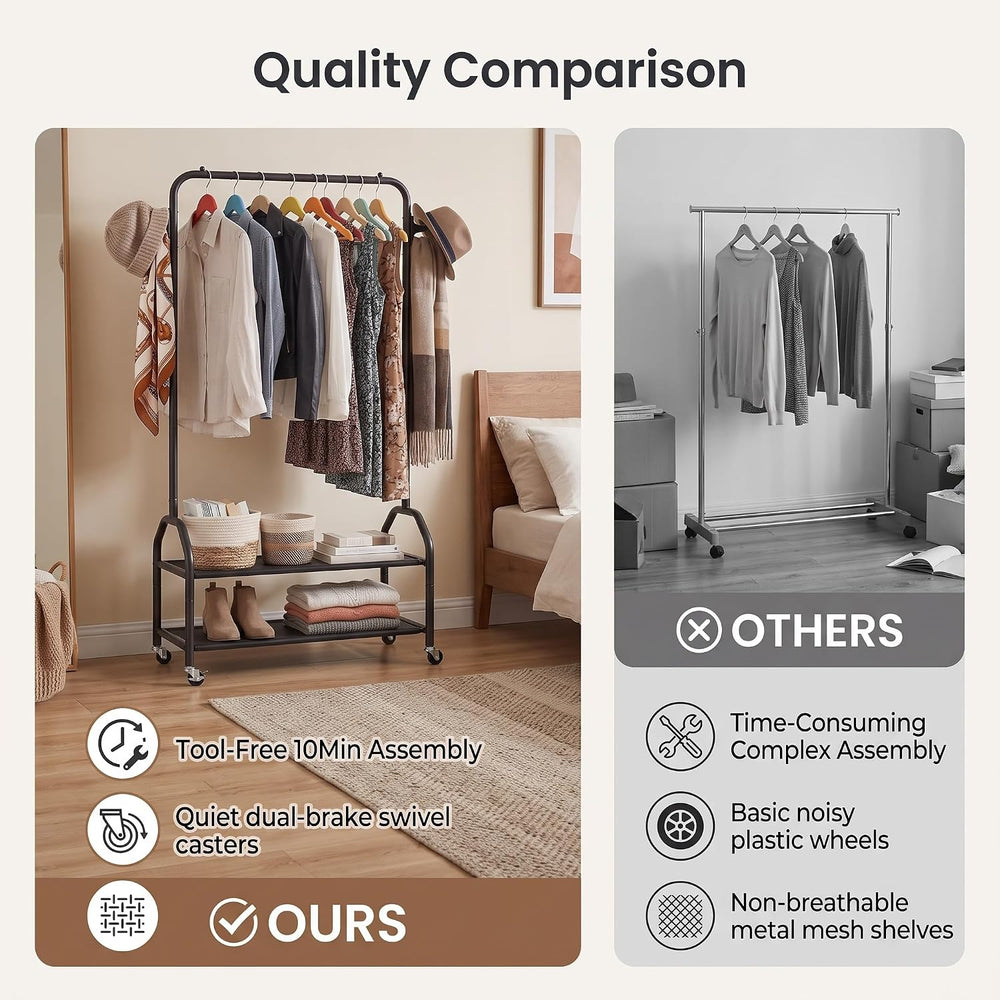 Clothes Rack with 2 Tier Shelves, Rolling Garment Rack