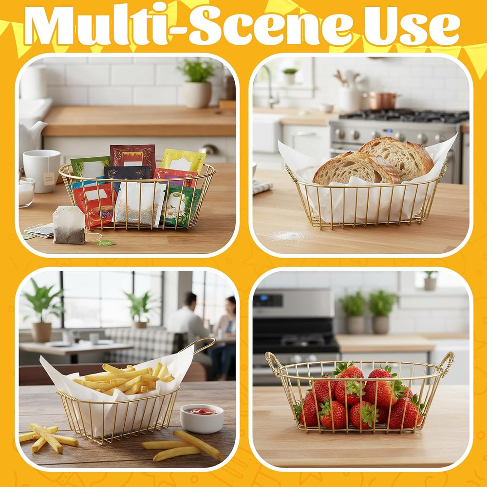 24 Pack Gold Metal Wire Fast Food Baskets Bulk with 100 Food Blotting Sheet