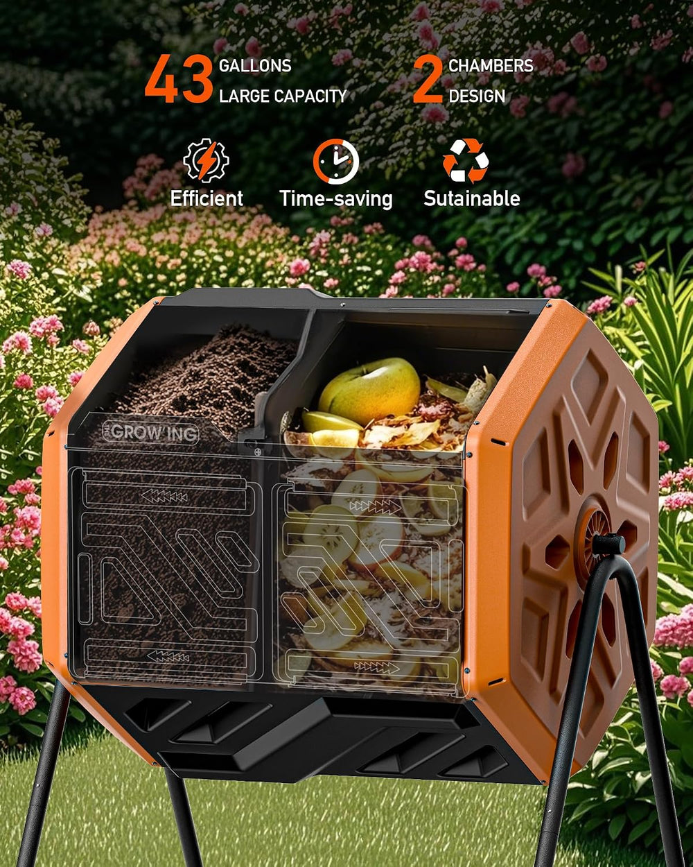 THE Growing 43 Gal Outdoor Compost Bin Tumbler for Backyard Yard, Orange