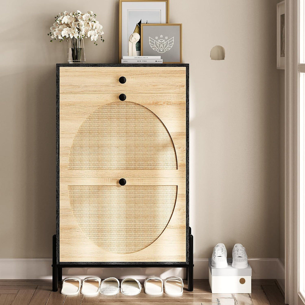 IRONCK Narrow Shoe Cabinet with 2 Flip Drawers and Rattan Doors, Black