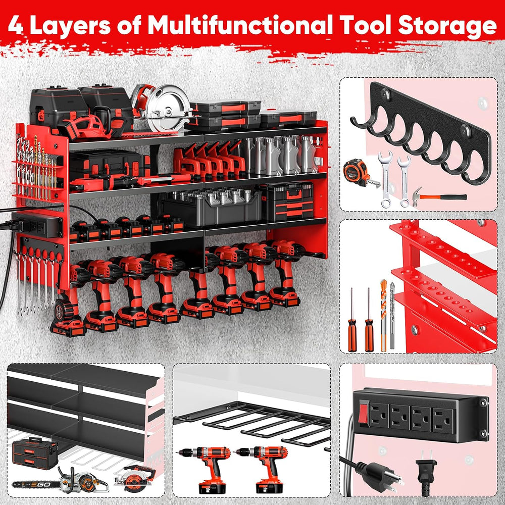 POKIPO Large Power Tool Organizer Wall Mount with Charging Station,4 Layer He...