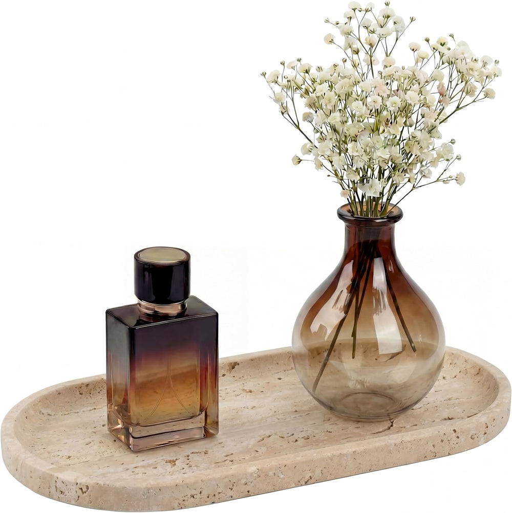 YKAJO Natural Travertine Beige Oval Marble Tray, 11.8x5.9 Vanity Organizer