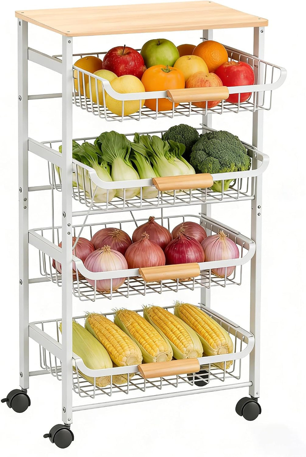 5-Tier Rolling Pantry Floor Storage Cart with Wheels&Wood Top, Large Capa...