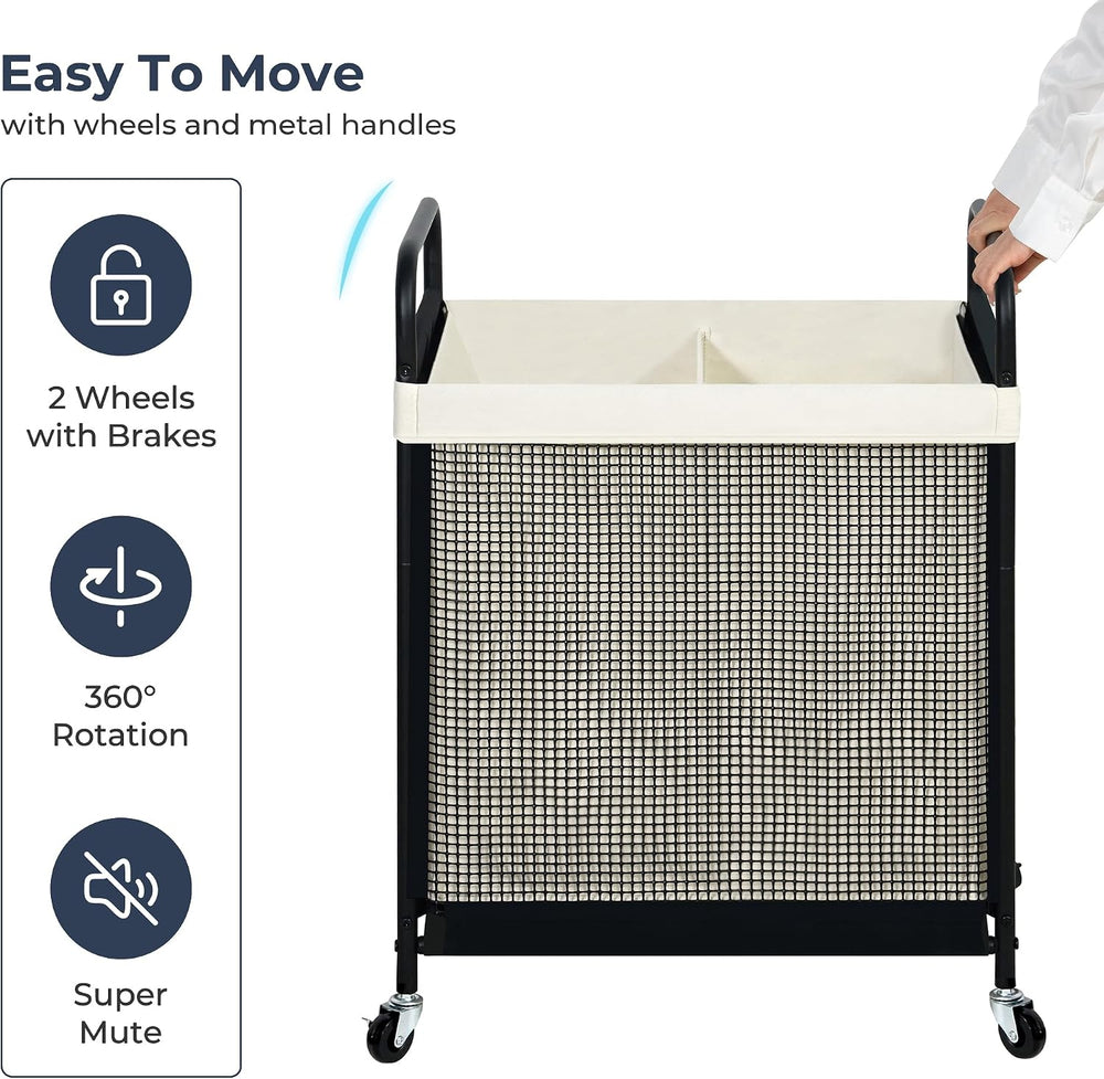 STO STO Laundry Hamper 2 Section, 100L Rolling Laundry Sorter Cart with Remov...