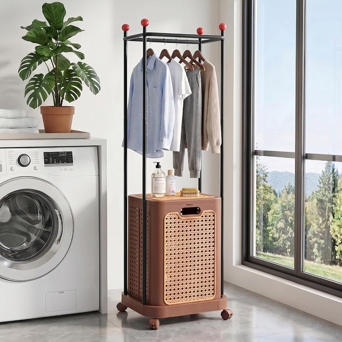 VECELO Laundry Hamper with Clothes Rack, Rolling Laundry Basket with Lid and Wheels, Tall Clothes Stand for Hanging Clothes, Multifunctional Laundry Organizer for Bedroom, Bathroom, Brown