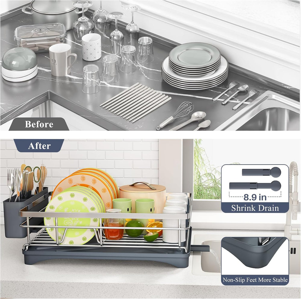 SAYZH Dish Drying Rack for Kitchen Counter with Utensil Holder, Silver