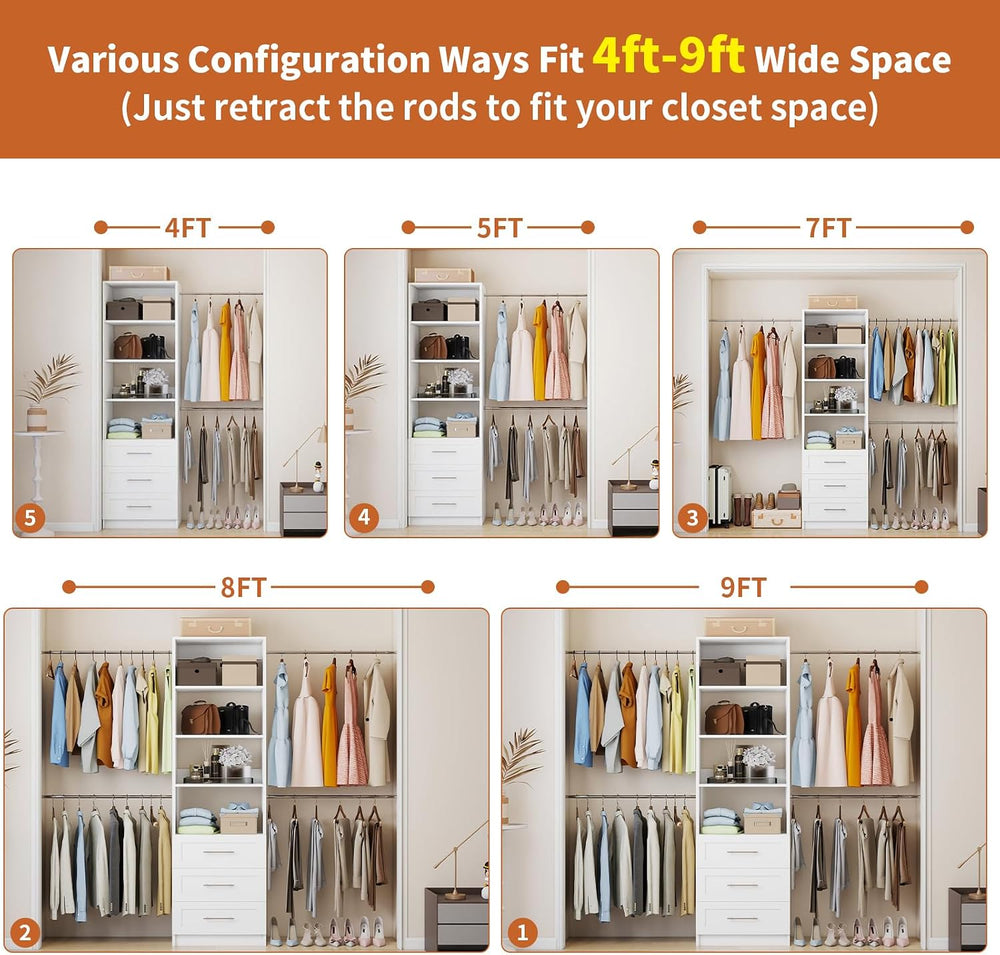 Fastgo Closet System with Drawers, 5-9FT Closet Organizer System with 4 Expan...