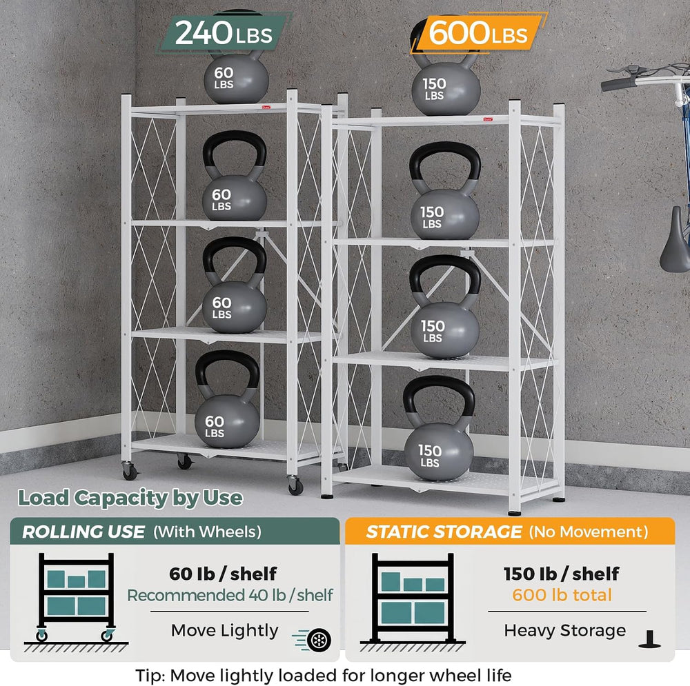 DEANIC 4 Tier Foldable Storage Shelves with Wheels, Large Capacity Shelving U...