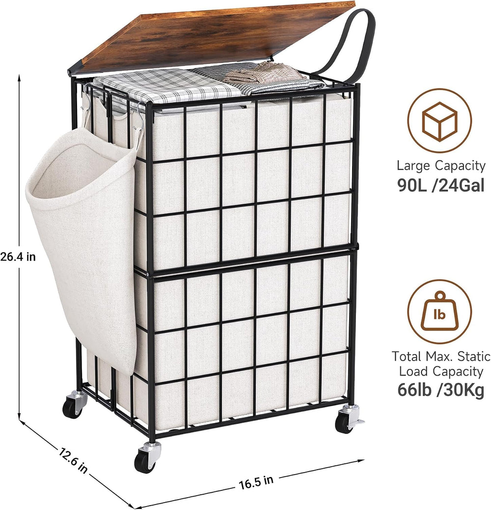 90L Laundry Basket with Wheels, Large Capacity Laundry Hamper with Removable ...