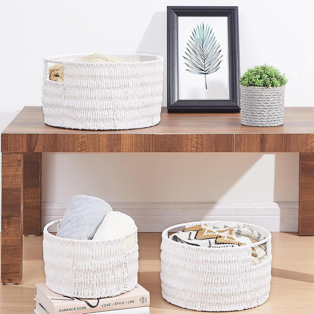 Vagusicc Wicker Storage Basket, Hand-Woven Paper Rope Large Round Woven Baske...