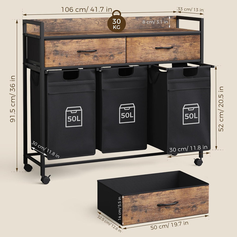 Mondeer 150L Laundry Sorter 3 Section with 3 Bags 4 Wheels 2 Drawers