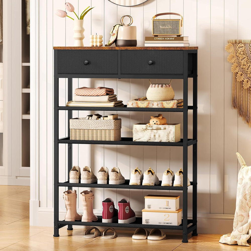 usikey Shoe Rack, 5 Tier Shoe Storage Organizer with 2 Drawers, Metal Shoe Sh...