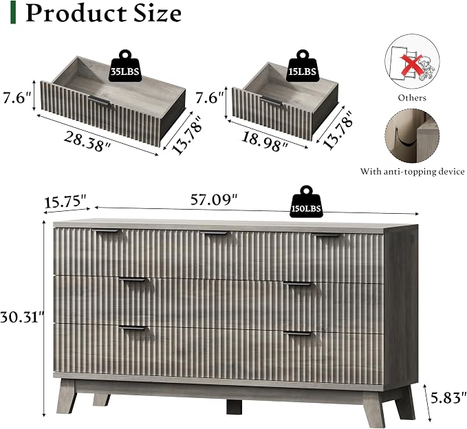Fluted Dresser with 7 Drawers, Wooden Dresser TV Stand, Wood Closet Clothes