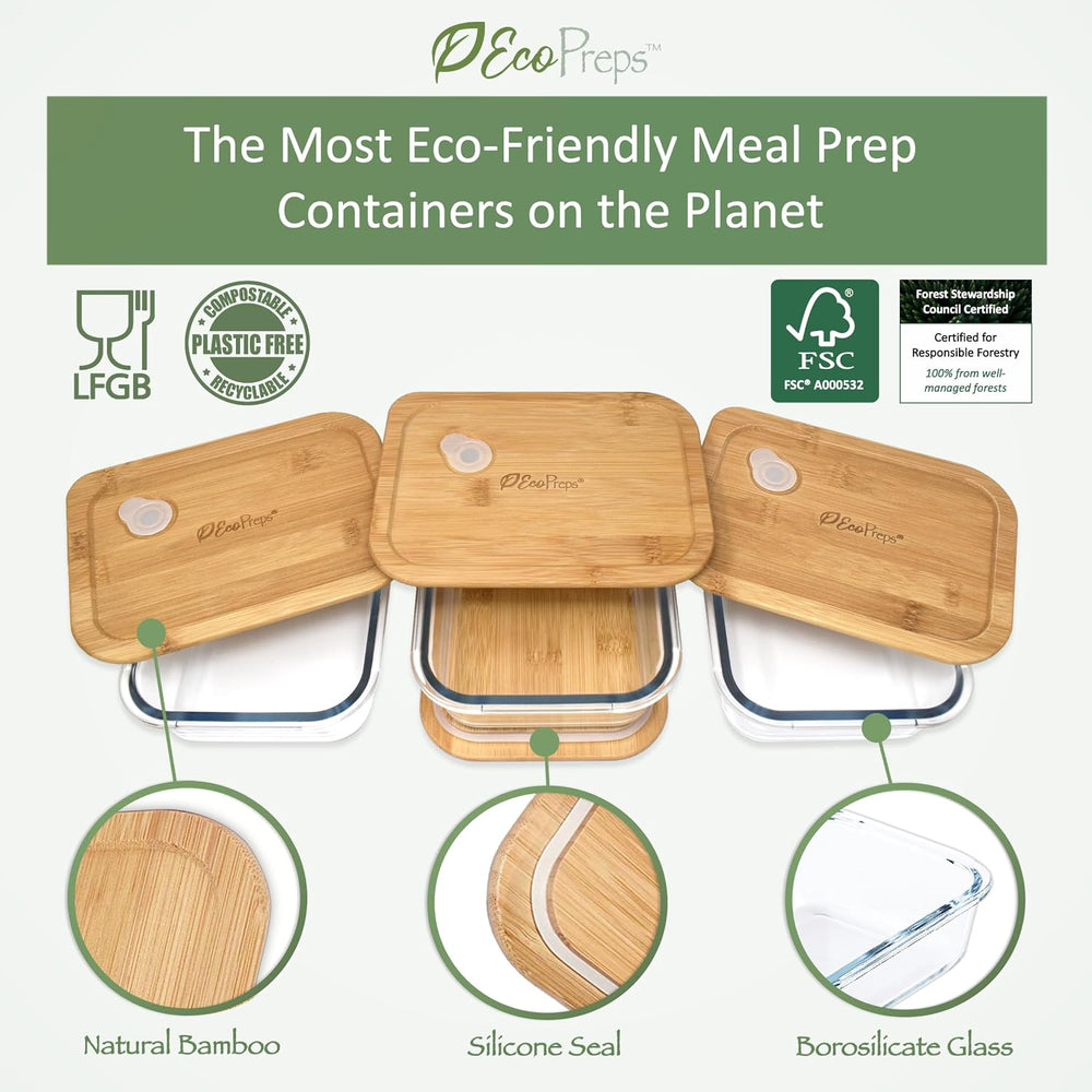 EcoPreps Patented Glass Meal Prep Containers with Bamboo Lids, 3 Pack, 36oz