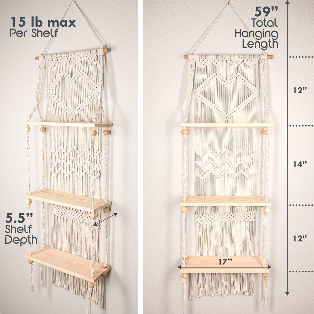 SnugLife Macrame Wall Hanging Shelf - 3 Tier Wall Plant Hanger Shelves with H...