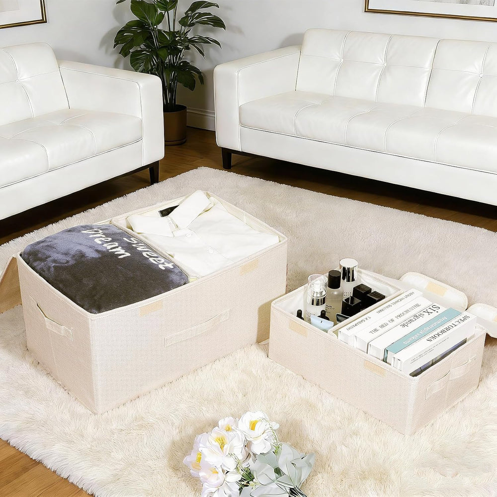 2 Pack Storage Boxes with Lids and Handles, Collapsible Linen Storage Bins Or...