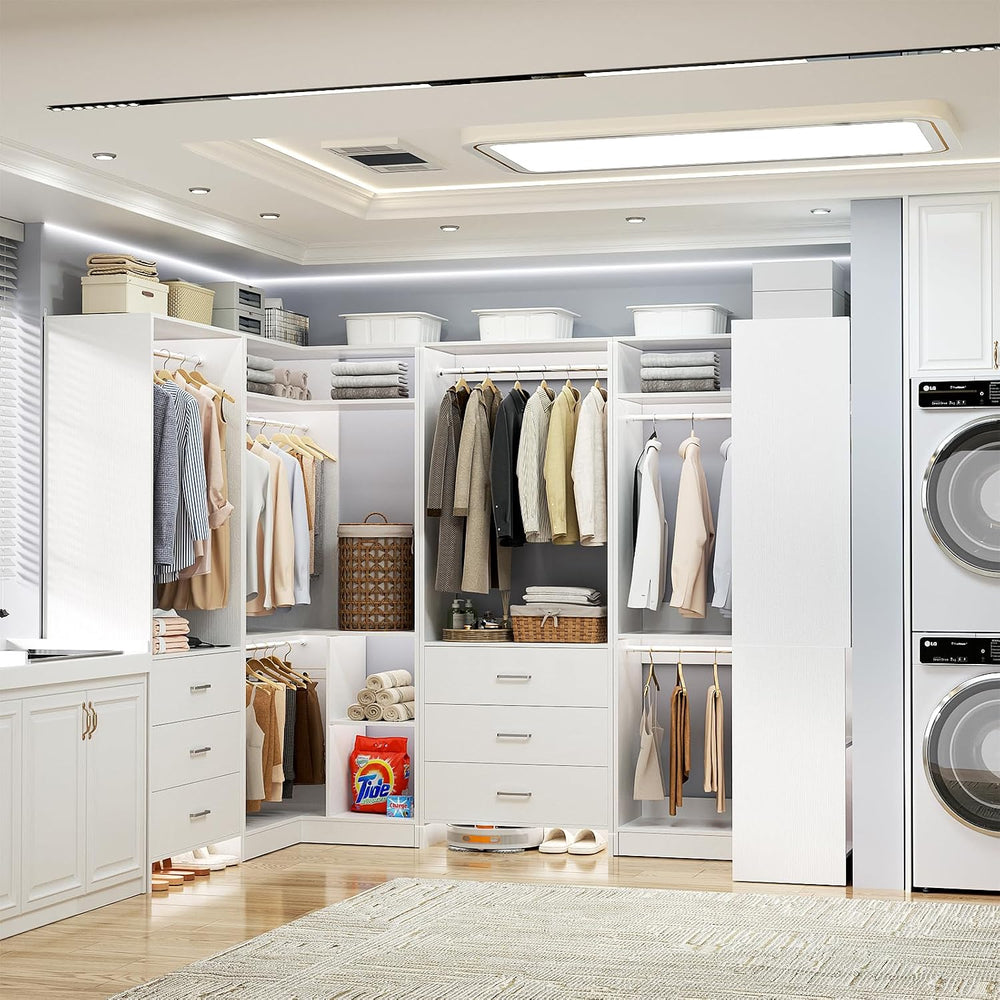 Aheaplus Closet System with Drawer,Hanging Rods, U-Shaped,Set of 4,White