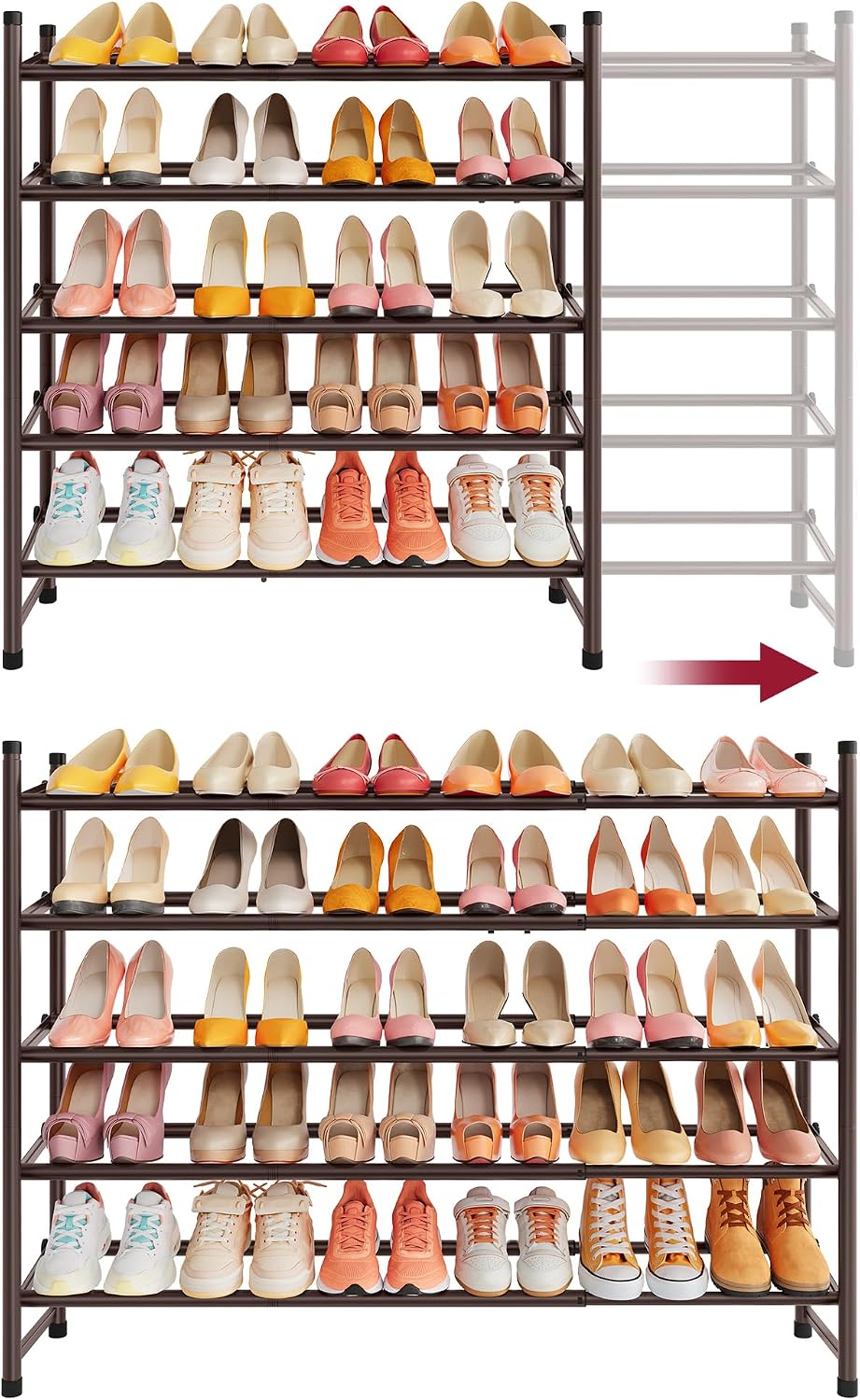 Tajsoon Expandable Shoe Rack for Closet 5 Tier, 28“-41“Stackable, Bronze
