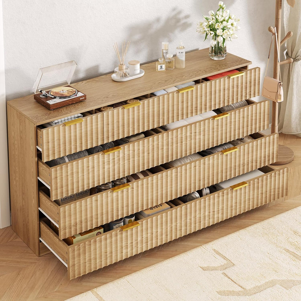 55.1" Wide Fluted 10 Drawer Dresser for Bedroom, Natural