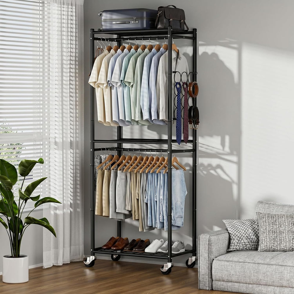 Aduanbang Heavy Duty Rolling Clothes Rack, 3 Tier Wire Shelving, Metal Garmen...